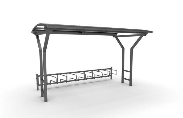 Cykeltak Vario no.1, 4 m, 1-sidiga CubiQ Std cykelställ, 8 platser, för nedgjutning