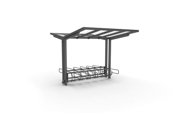 Cykeltak ViVa, 2,7 m, 2-sidiga CubiQ Std cykelställ, 12 platser, med bakre stolpar, för nedgjutning