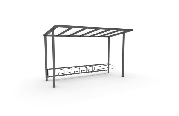 Cykeltak ViVa, 4 m, ensidiga CubiQ Std cykelställ, 8 platser, med bakre och främre stolpar, för nedgjutning