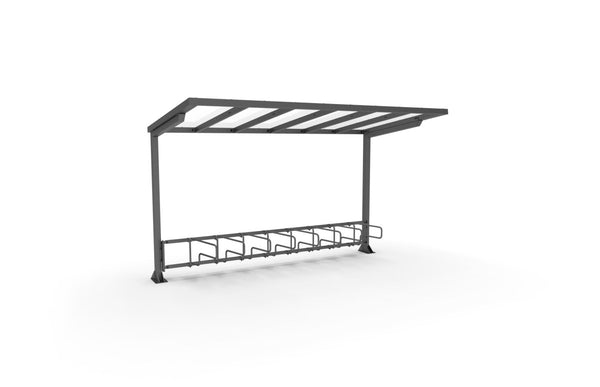 Cykeltak ViVa, 4 m, 1-sidiga CubiQ Std cykelställ, 8 platser, med bakre stolpar, utanpåliggande montering