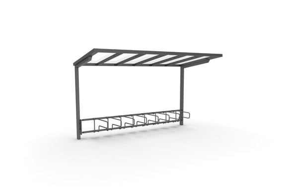 Cykeltak ViVa, 4 m, ensidiga CubiQ Std cykelställ, 8 platser, med bakre stolpar, för nedgjutning 