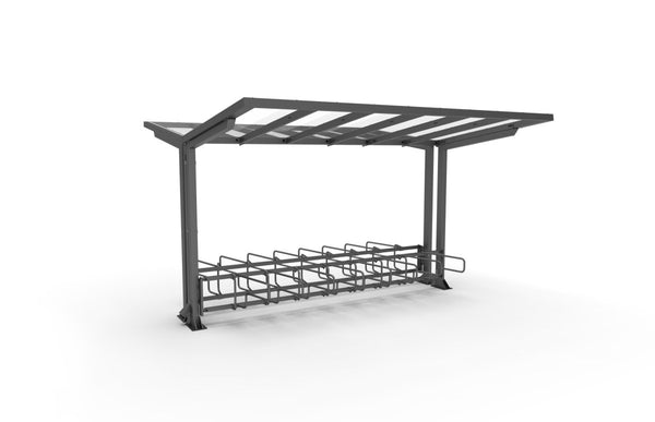 Cykeltak ViVa, 4 m, 2-sidiga CubiQ Std cykelställ, 16 platser, med bakre stolpar, utanpåliggande montering