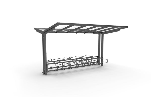 Cykeltak ViVa, 4 m, 2-sidiga CubiQ Std cykelställ, 16 platser, med bakre stolpar, för nedgjutning